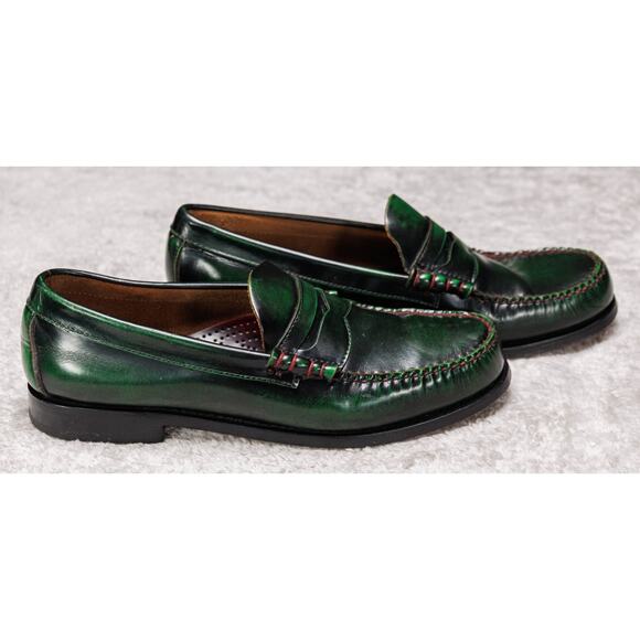 Bass Weejuns Green Black Leather Penny Loafers Contrast Stitching Mens Size 9 - Picture 13 of 16